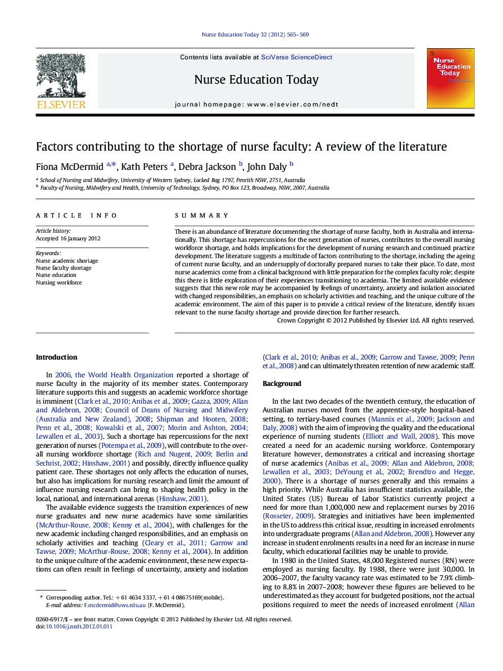 Factors contributing to the shortage of nurse faculty: A review of the literature