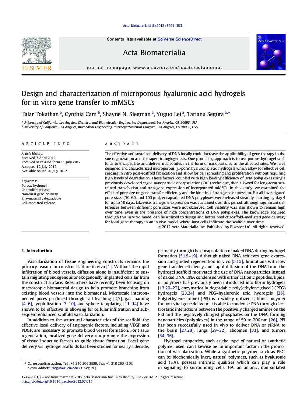 Design and characterization of microporous hyaluronic acid hydrogels for in vitro gene transfer to mMSCs