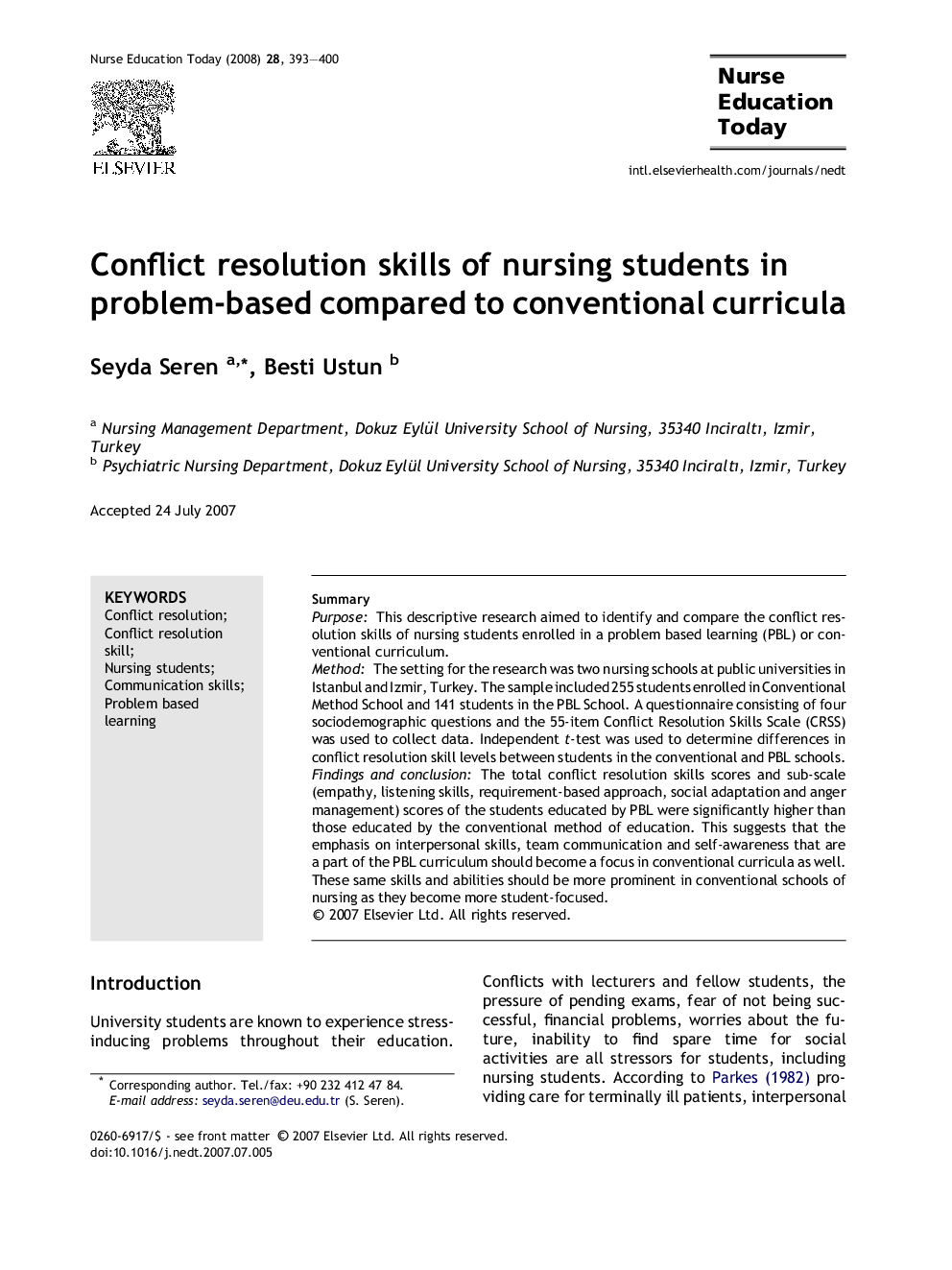Conflict resolution skills of nursing students in problem-based compared to conventional curricula