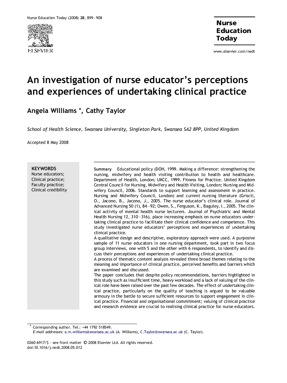 An investigation of nurse educator’s perceptions and experiences of undertaking clinical practice