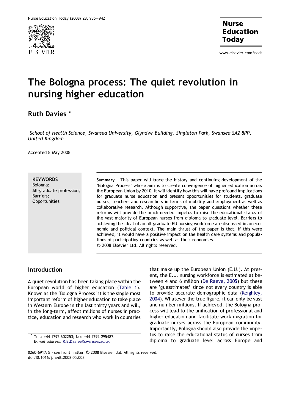 The Bologna process: The quiet revolution in nursing higher education
