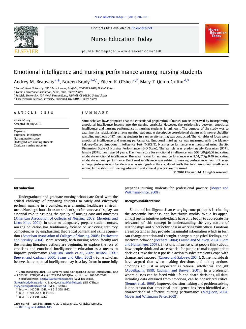 Emotional intelligence and nursing performance among nursing students