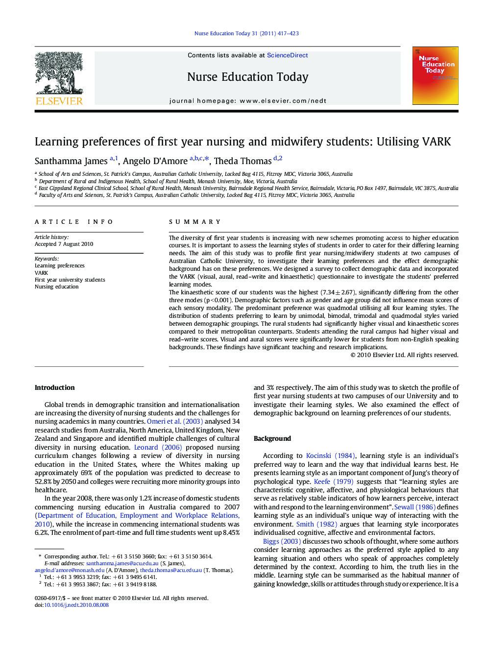 Learning preferences of first year nursing and midwifery students: Utilising VARK