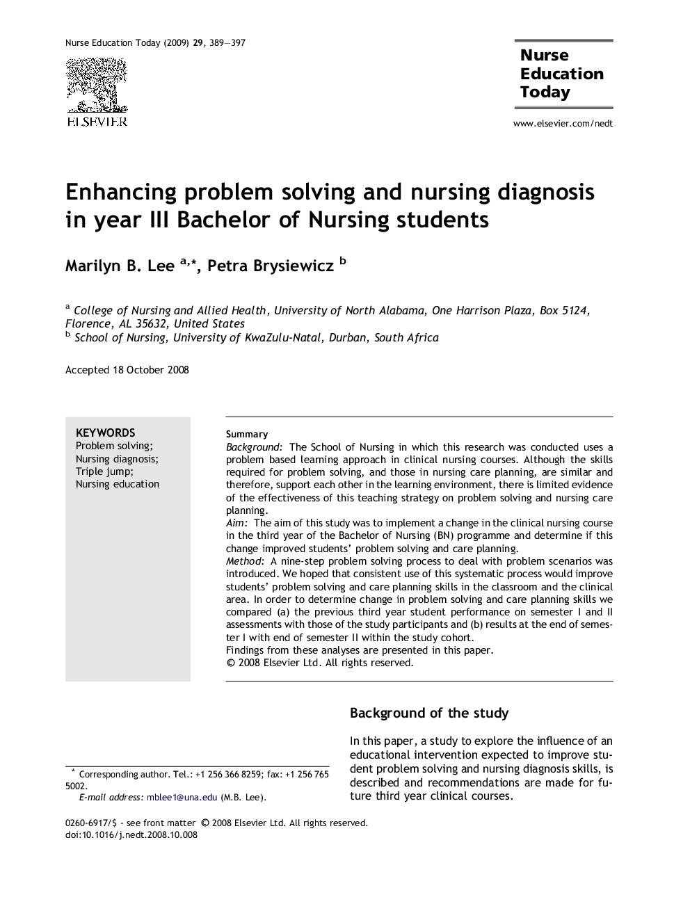 Enhancing problem solving and nursing diagnosis in year III Bachelor of Nursing students