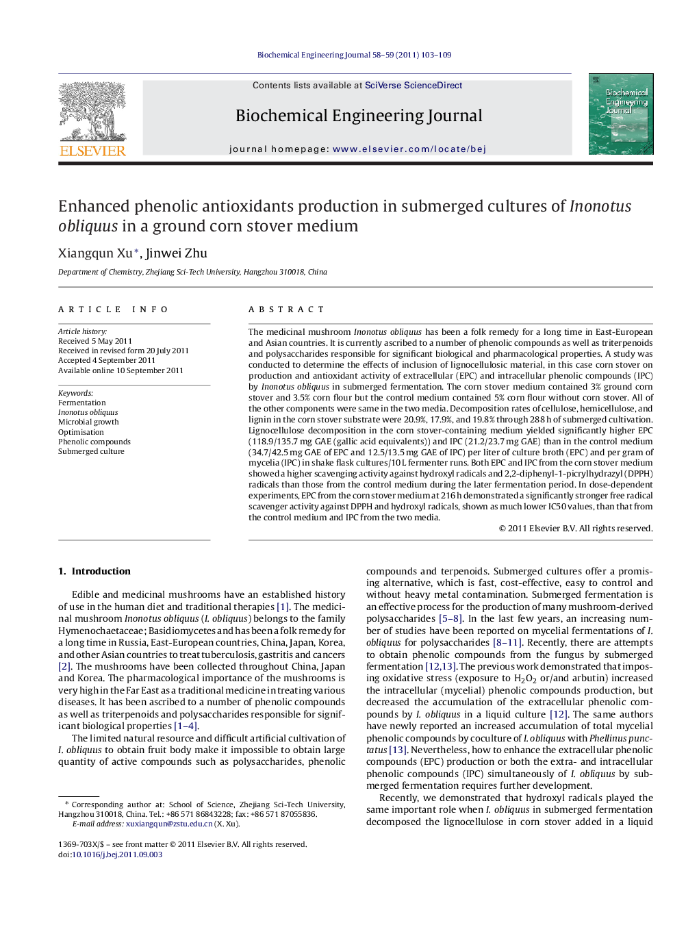 Enhanced phenolic antioxidants production in submerged cultures of Inonotus obliquus in a ground corn stover medium