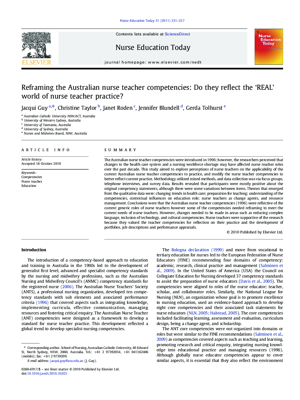 Reframing the Australian nurse teacher competencies: Do they reflect the ‘REAL’ world of nurse teacher practice?