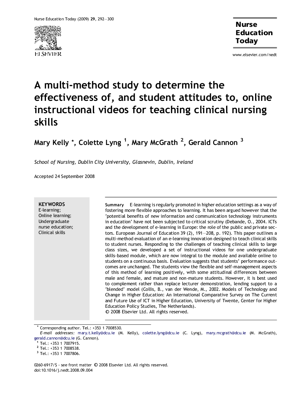 A multi-method study to determine the effectiveness of, and student attitudes to, online instructional videos for teaching clinical nursing skills