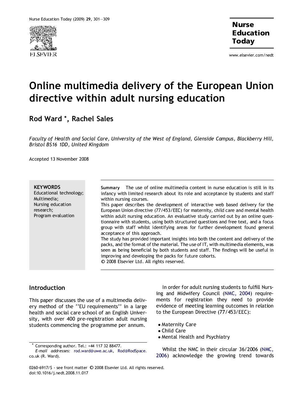 Online multimedia delivery of the European Union directive within adult nursing education