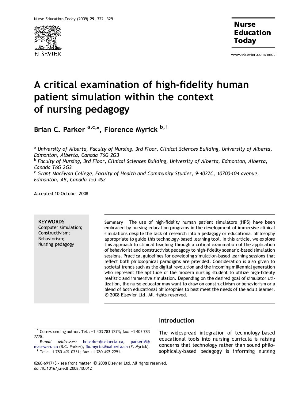 A critical examination of high-fidelity human patient simulation within the context of nursing pedagogy