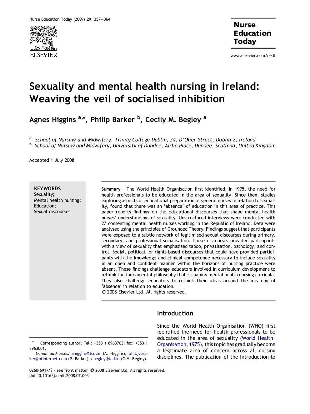 Sexuality and mental health nursing in Ireland: Weaving the veil of socialised inhibition