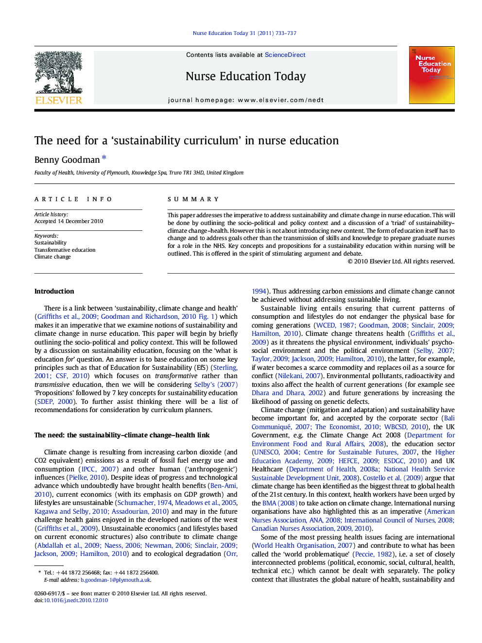 The need for a ‘sustainability curriculum’ in nurse education