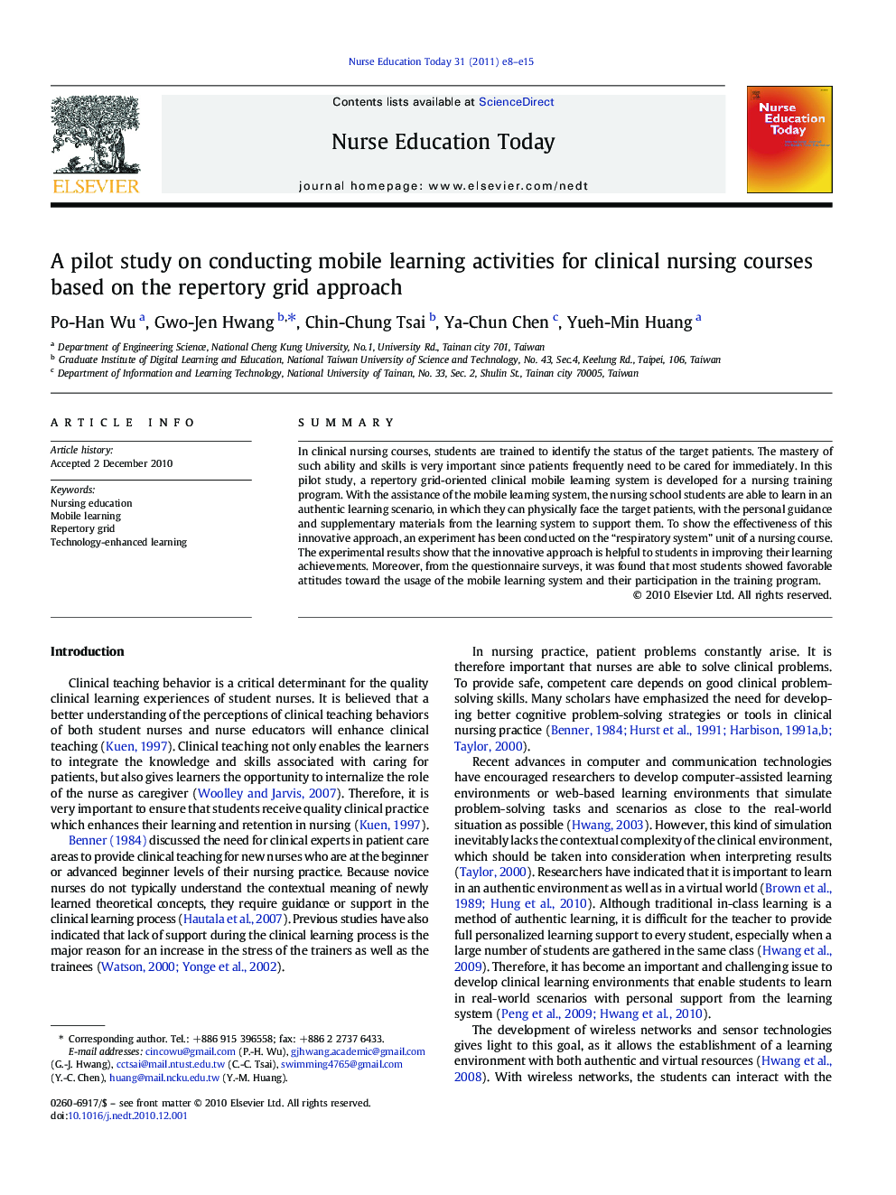 A pilot study on conducting mobile learning activities for clinical nursing courses based on the repertory grid approach