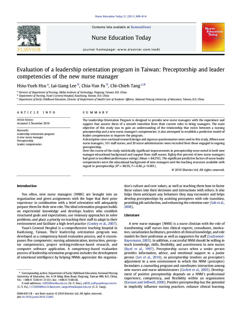 Evaluation of a leadership orientation program in Taiwan: Preceptorship and leader competencies of the new nurse manager