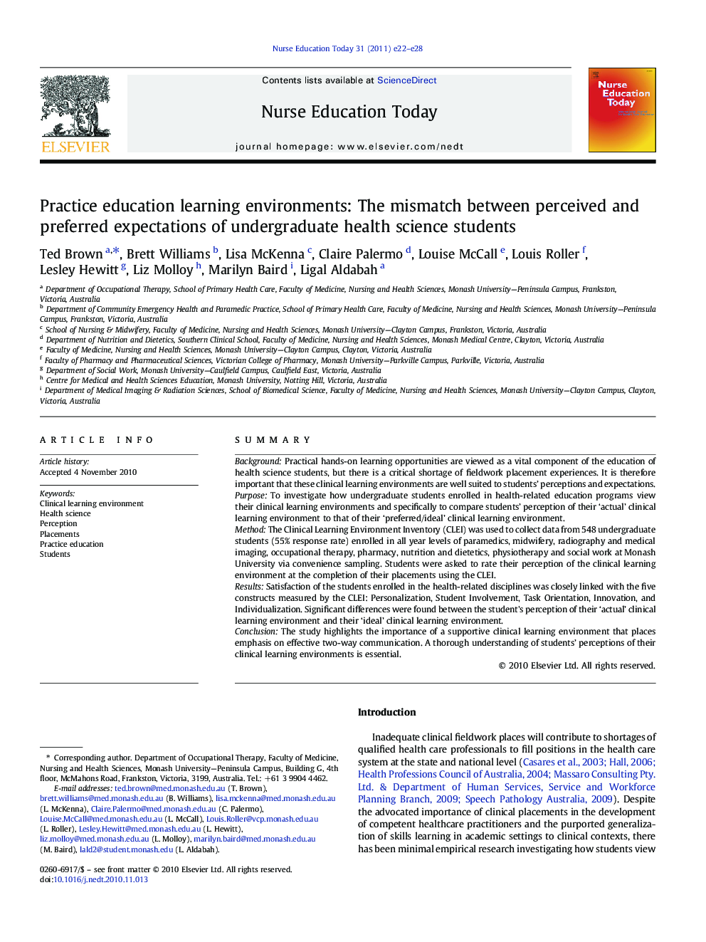 Practice education learning environments: The mismatch between perceived and preferred expectations of undergraduate health science students