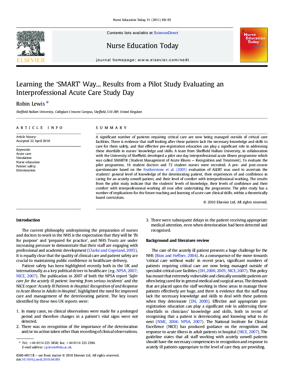 Learning the ‘SMART’ Way... Results from a Pilot Study Evaluating an Interprofessional Acute Care Study Day