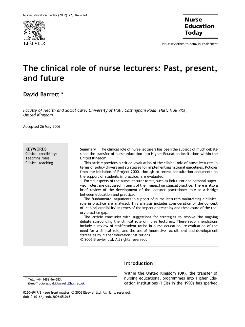 The clinical role of nurse lecturers: Past, present, and future