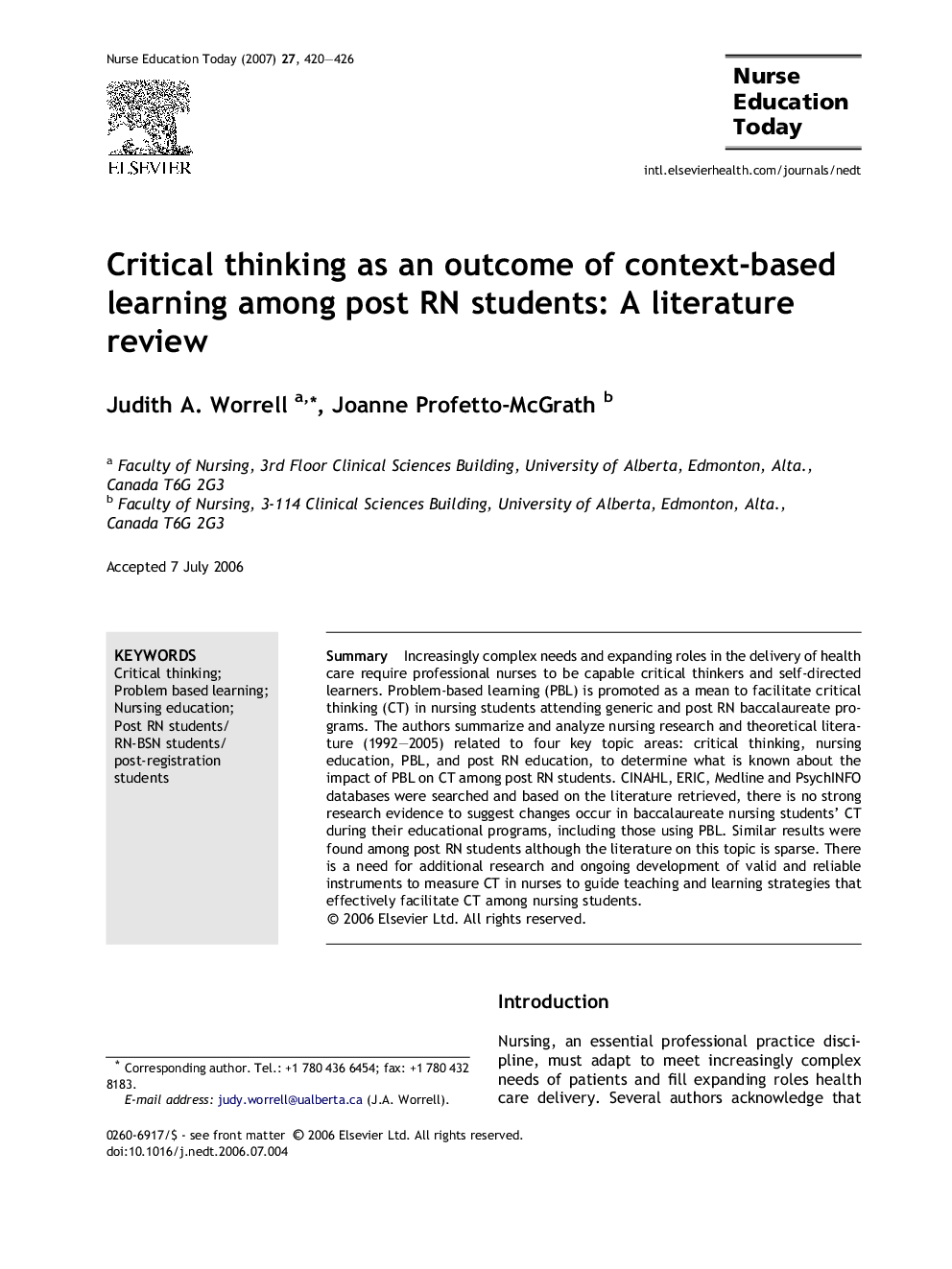 Critical thinking as an outcome of context-based learning among post RN students: A literature review