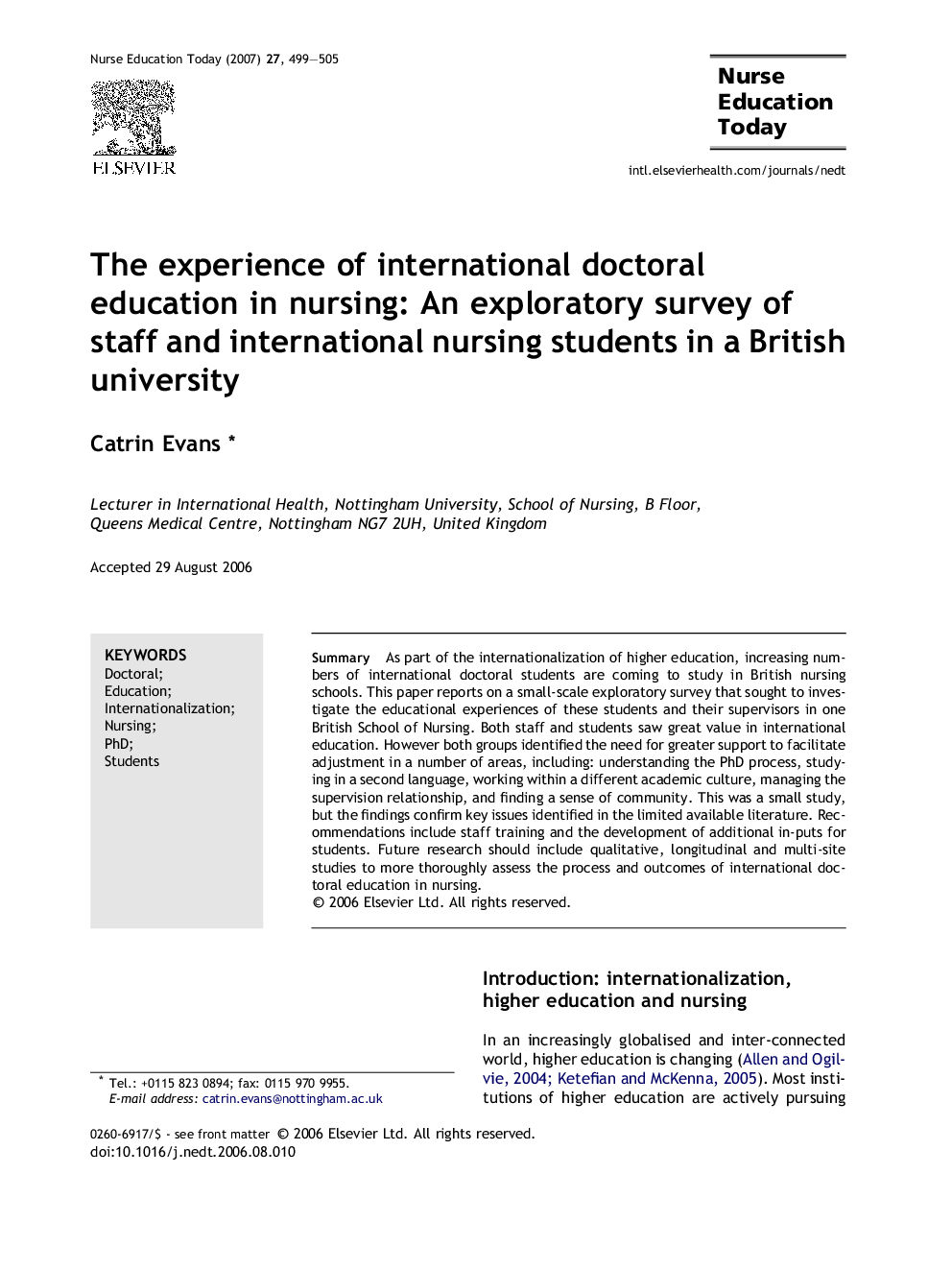 The experience of international doctoral education in nursing: An exploratory survey of staff and international nursing students in a British university