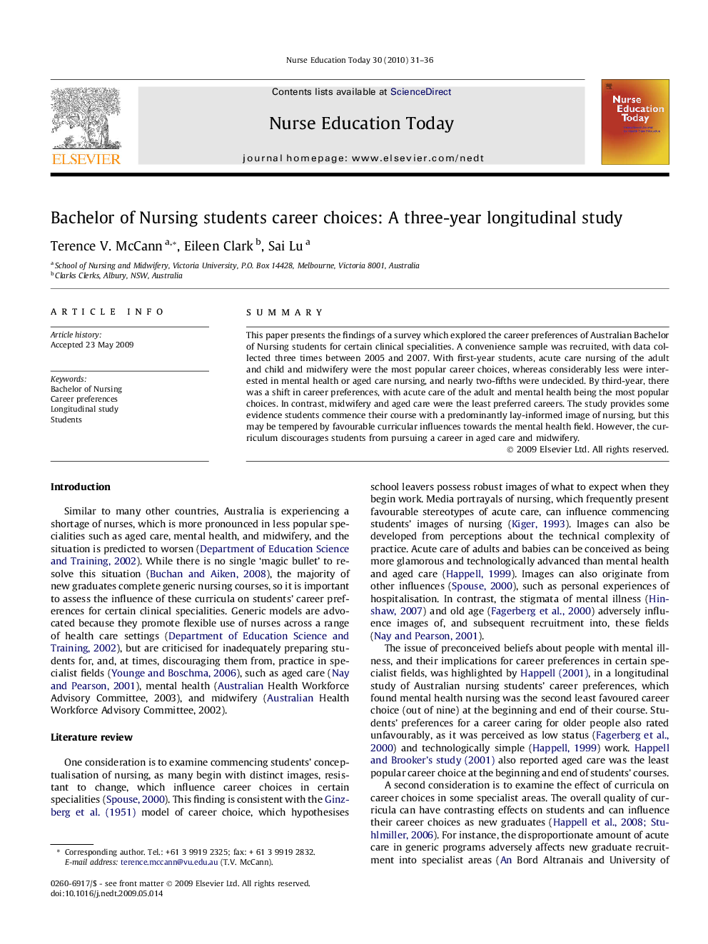 Bachelor of Nursing students career choices: A three-year longitudinal study