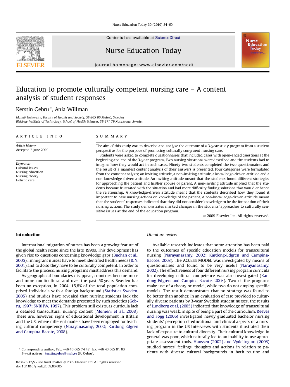 Education to promote culturally competent nursing care – A content analysis of student responses