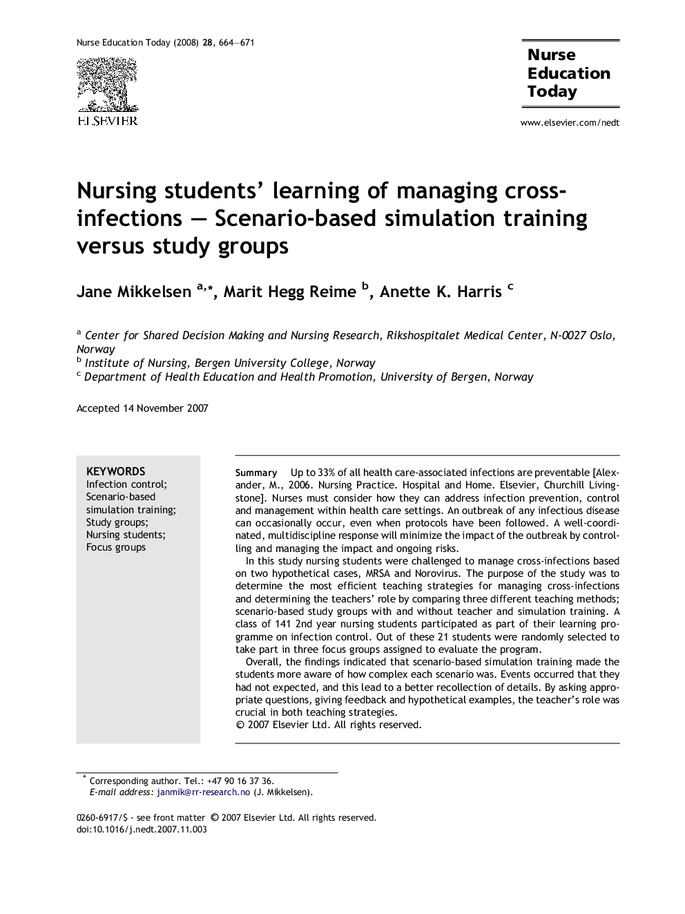 Nursing students’ learning of managing cross-infections – Scenario-based simulation training versus study groups