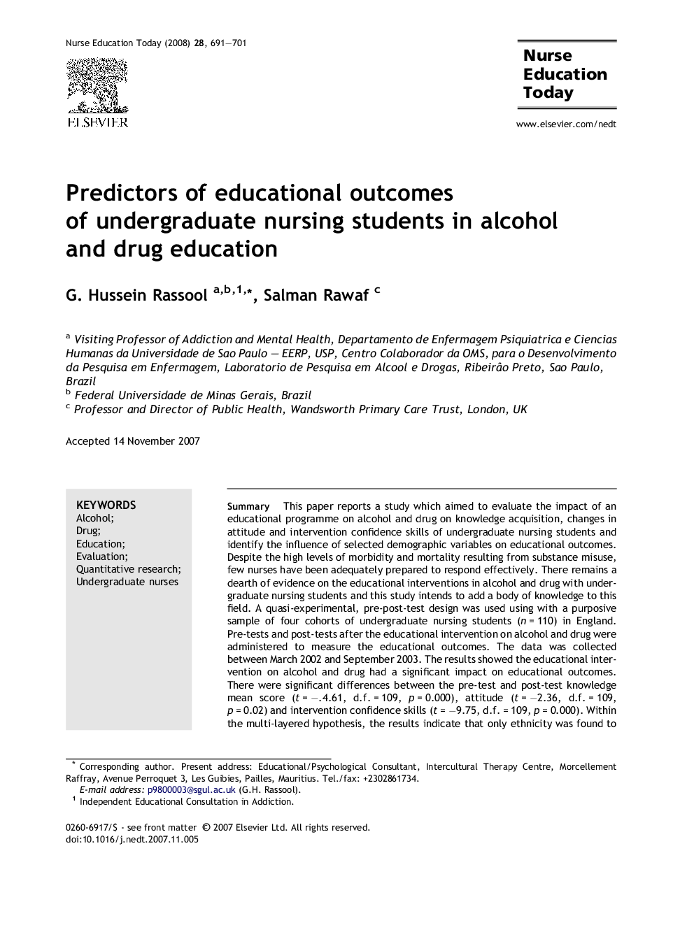Predictors of educational outcomes of undergraduate nursing students in alcohol and drug education