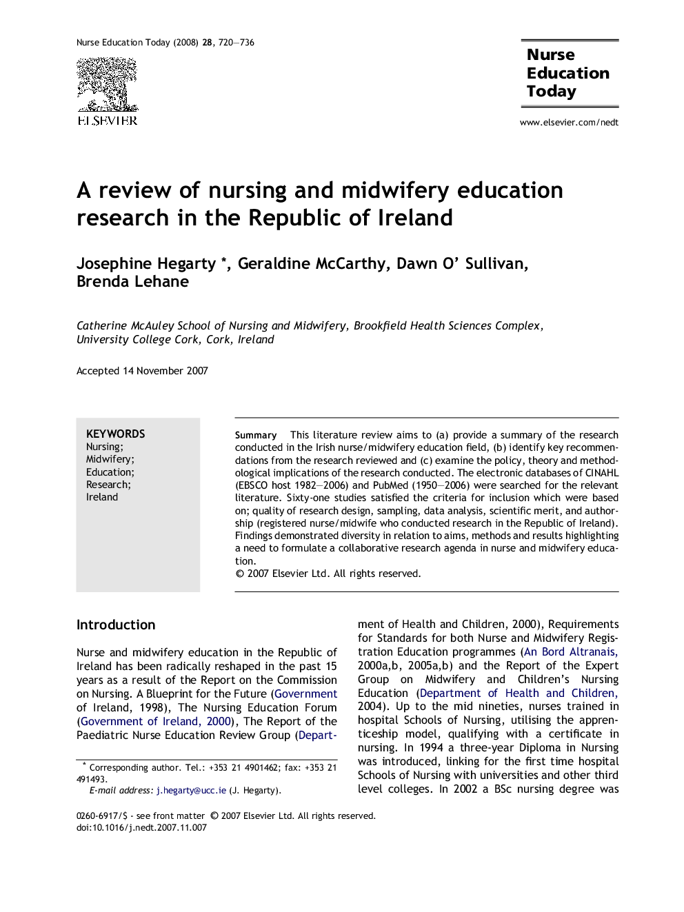 A review of nursing and midwifery education research in the Republic of Ireland
