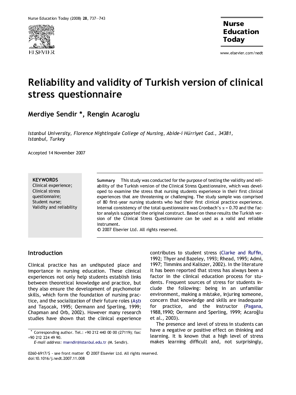 Reliability and validity of Turkish version of clinical stress questionnaire