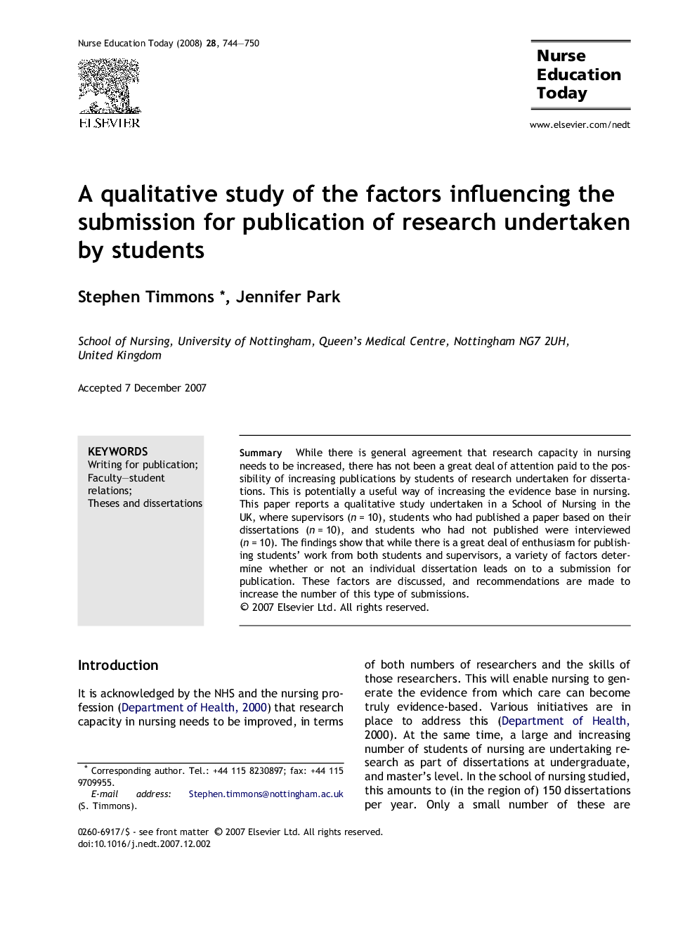 A qualitative study of the factors influencing the submission for publication of research undertaken by students