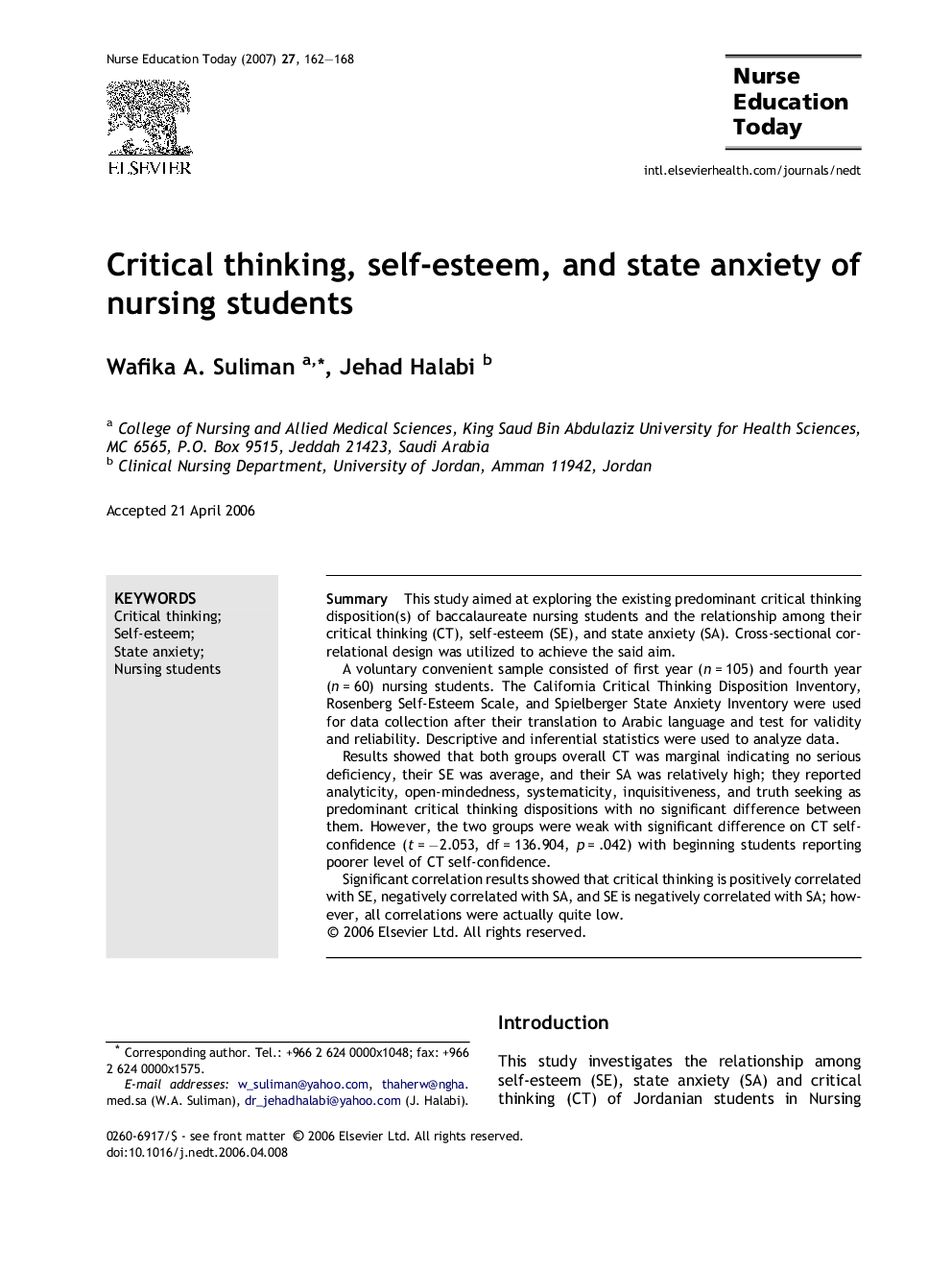 Critical thinking, self-esteem, and state anxiety of nursing students