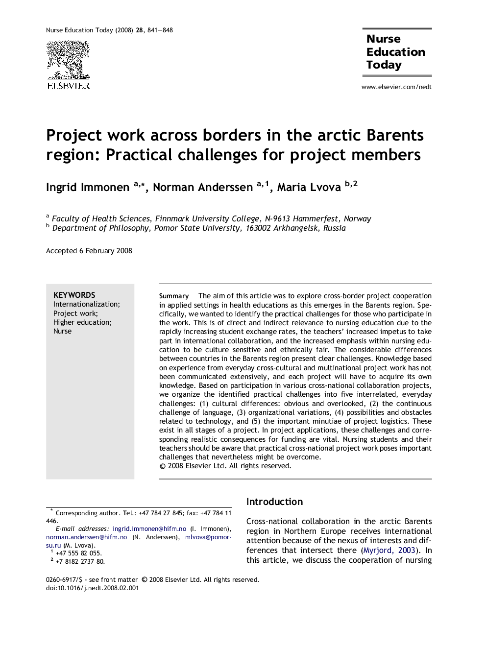 Project work across borders in the arctic Barents region: Practical challenges for project members