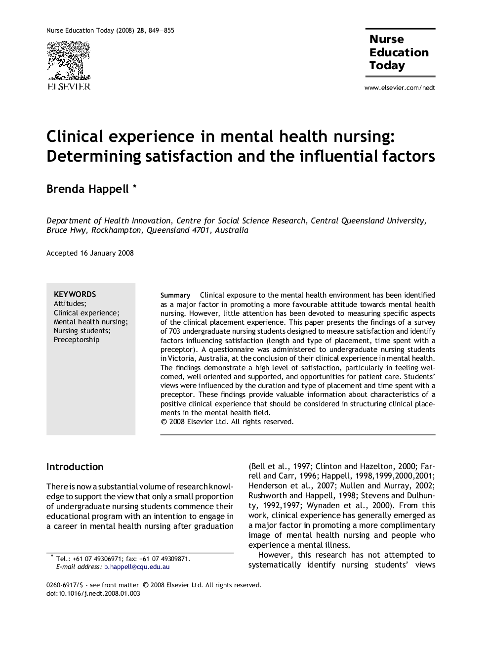 Clinical experience in mental health nursing: Determining satisfaction and the influential factors