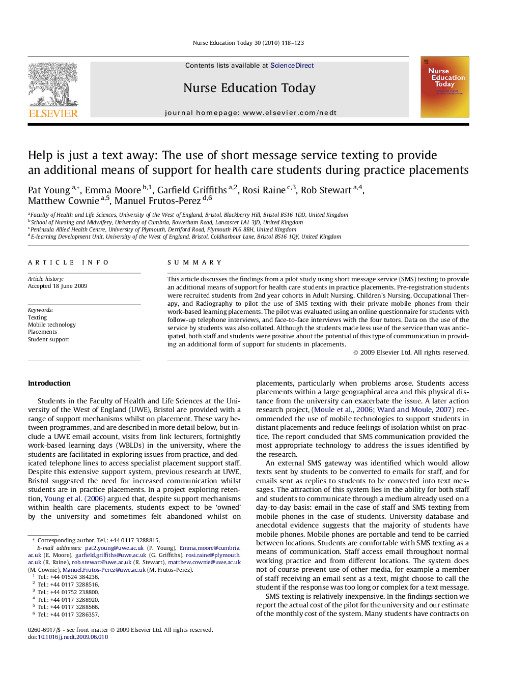 Help is just a text away: The use of short message service texting to provide an additional means of support for health care students during practice placements