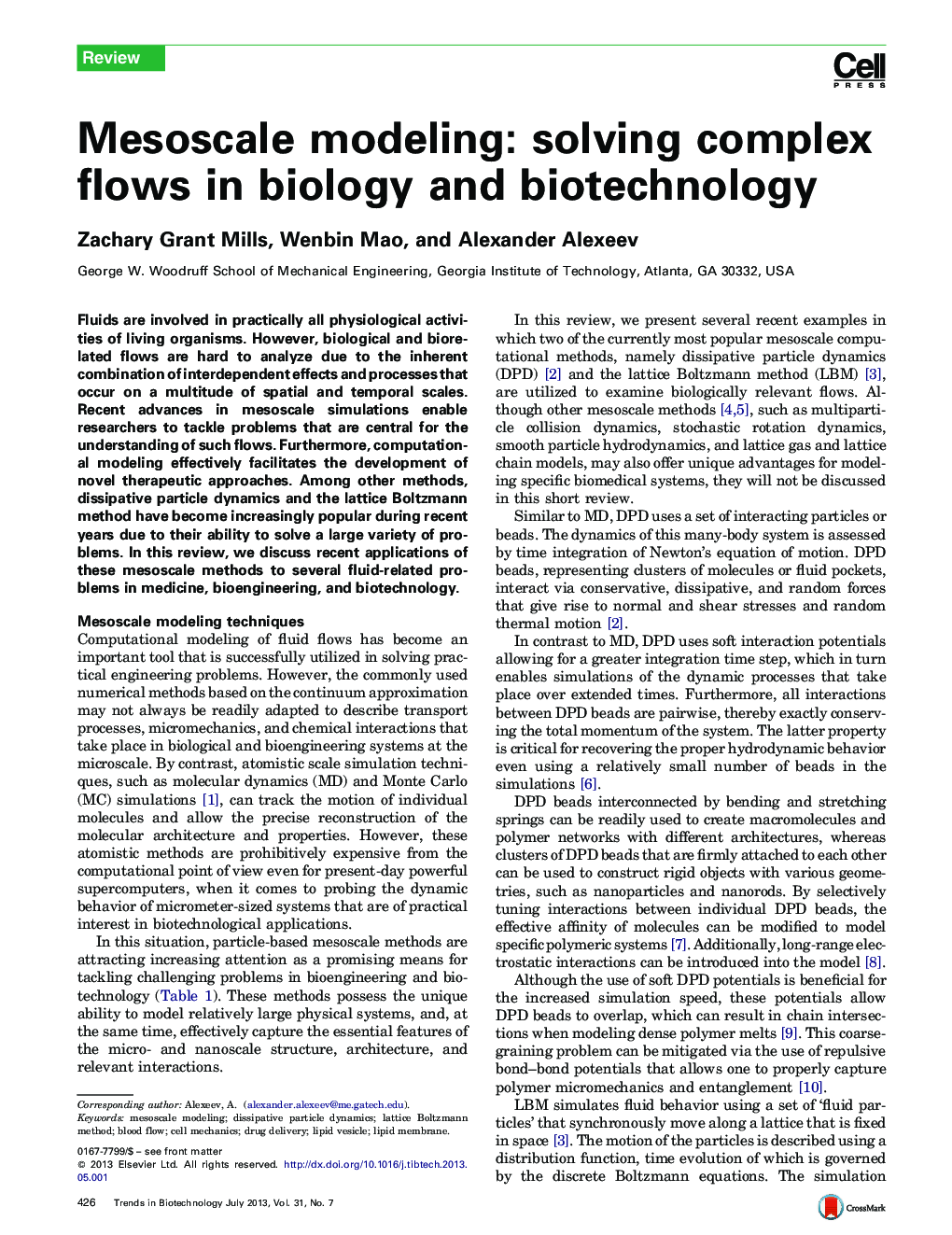 Mesoscale modeling: solving complex flows in biology and biotechnology