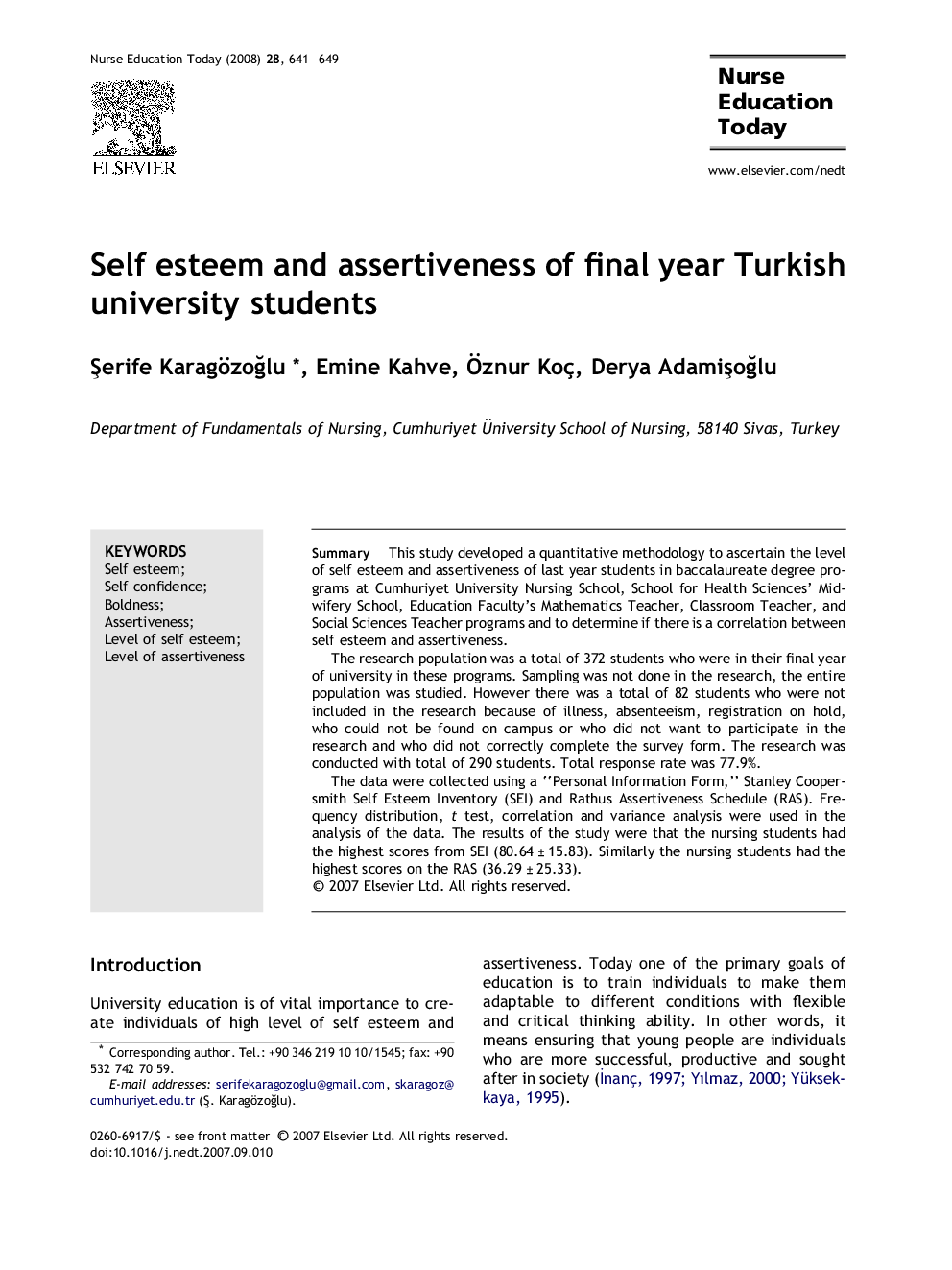 Self esteem and assertiveness of final year Turkish university students