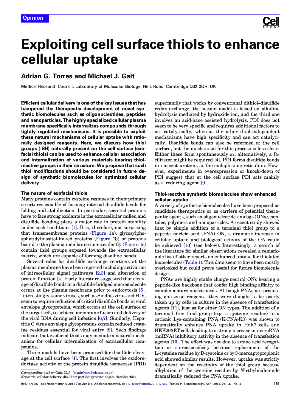 Exploiting cell surface thiols to enhance cellular uptake