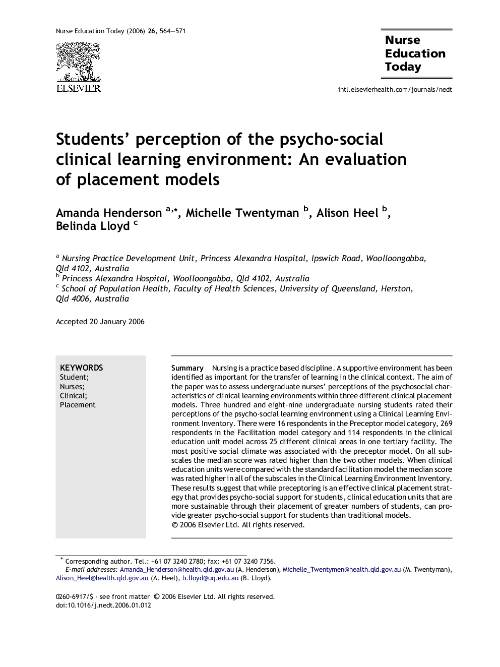 Students’ perception of the psycho-social clinical learning environment: An evaluation of placement models