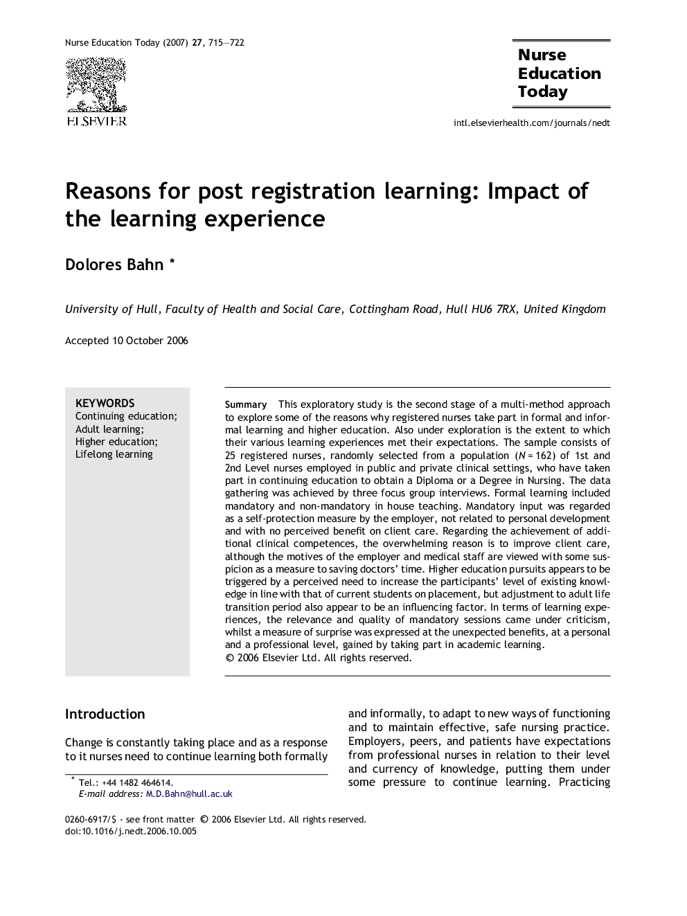 Reasons for post registration learning: Impact of the learning experience