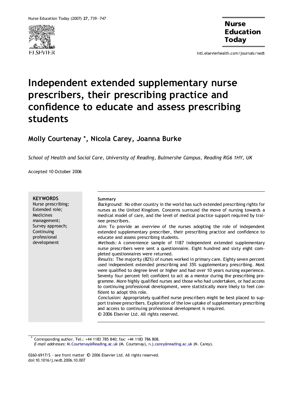 Independent extended supplementary nurse prescribers, their prescribing practice and confidence to educate and assess prescribing students