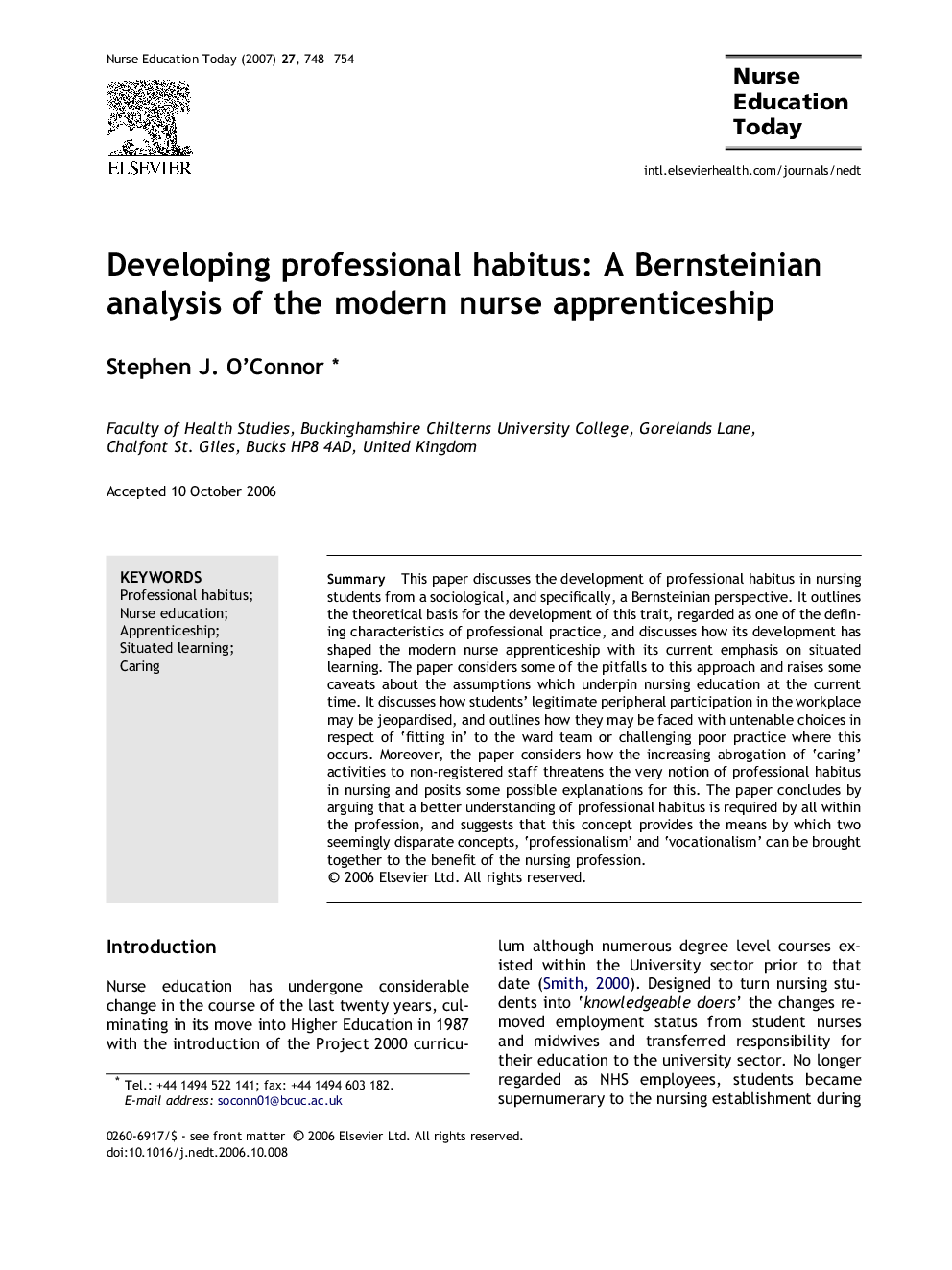 Developing professional habitus: A Bernsteinian analysis of the modern nurse apprenticeship