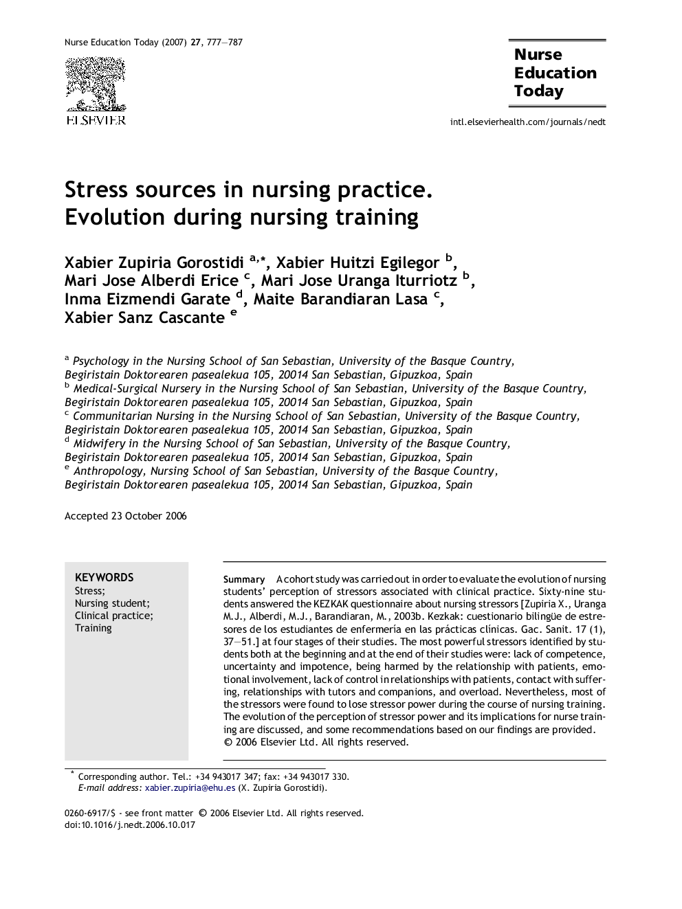 Stress sources in nursing practice. Evolution during nursing training