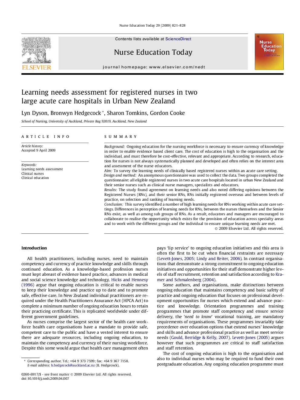 Learning needs assessment for registered nurses in two large acute care hospitals in Urban New Zealand