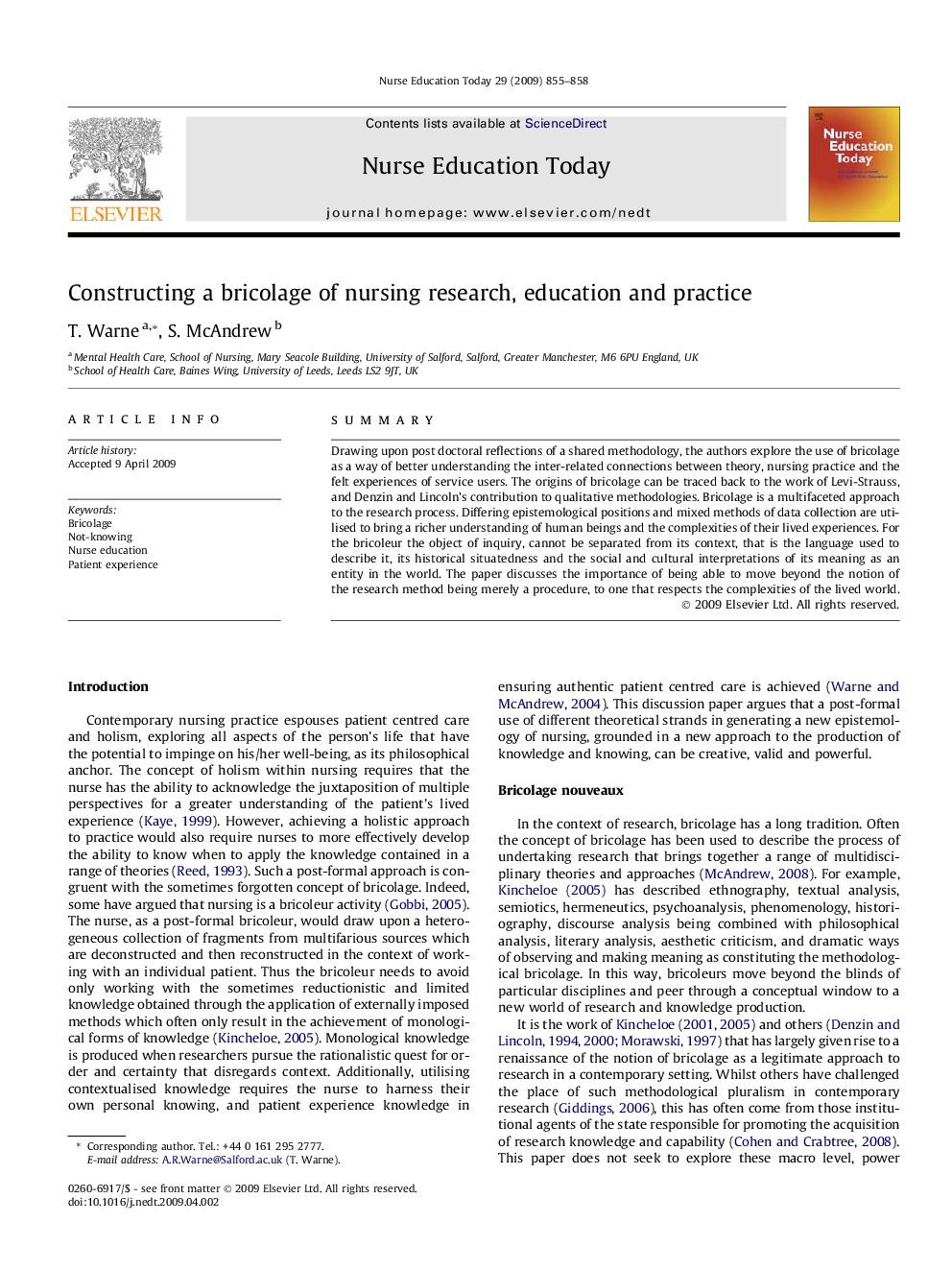 Constructing a bricolage of nursing research, education and practice