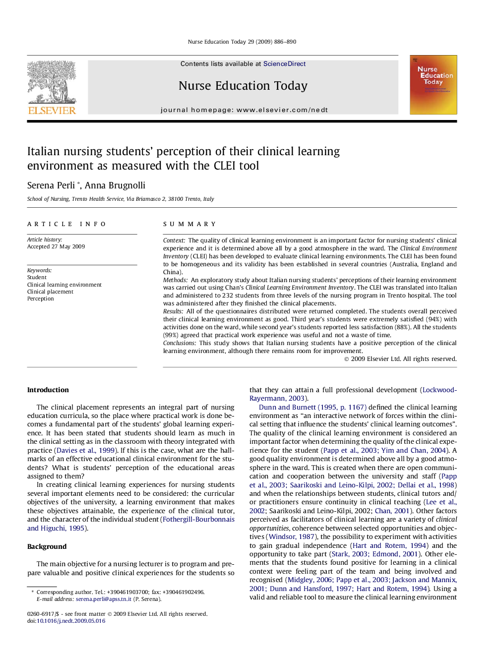 Italian nursing students’ perception of their clinical learning environment as measured with the CLEI tool