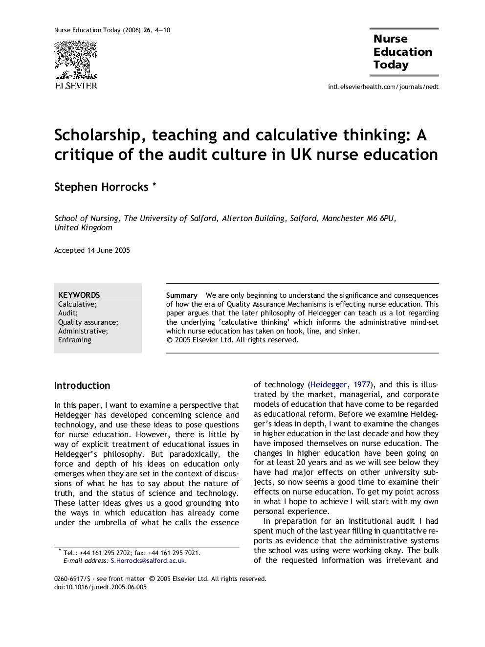 Scholarship, teaching and calculative thinking: A critique of the audit culture in UK nurse education