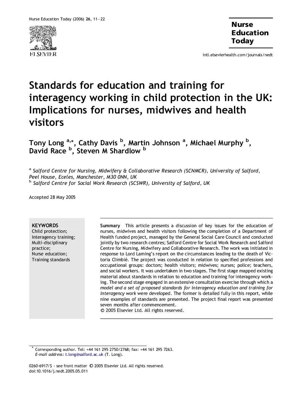 Standards for education and training for interagency working in child protection in the UK: Implications for nurses, midwives and health visitors