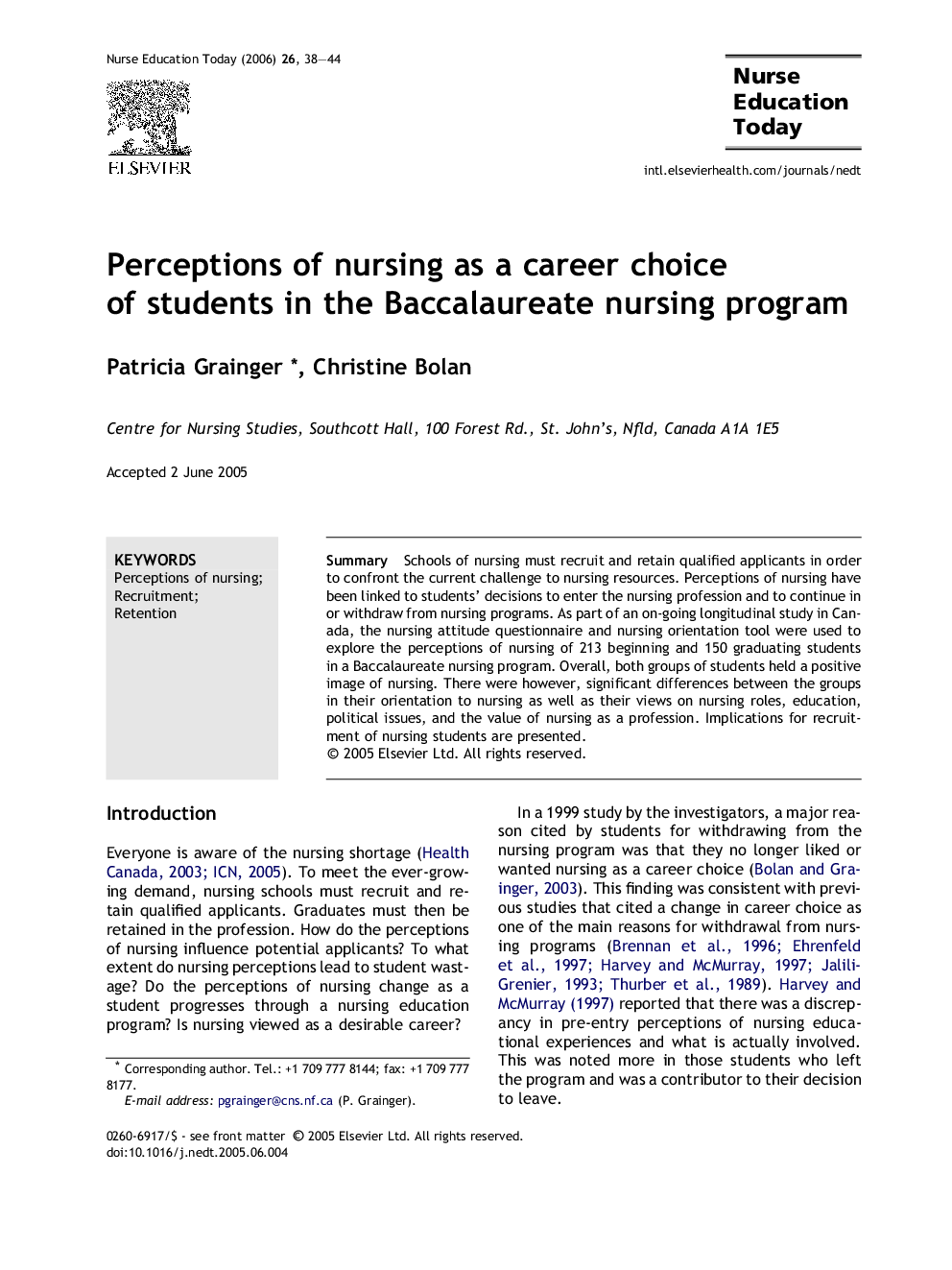 Perceptions of nursing as a career choice of students in the Baccalaureate nursing program