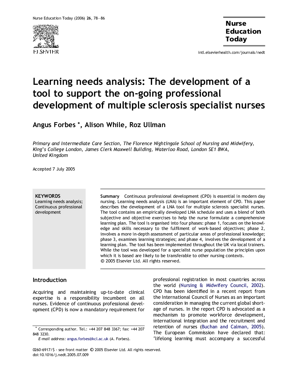 Learning needs analysis: The development of a tool to support the on-going professional development of multiple sclerosis specialist nurses