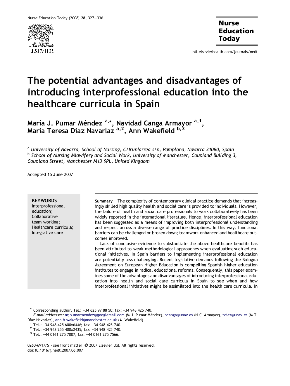 The potential advantages and disadvantages of introducing interprofessional education into the healthcare curricula in Spain