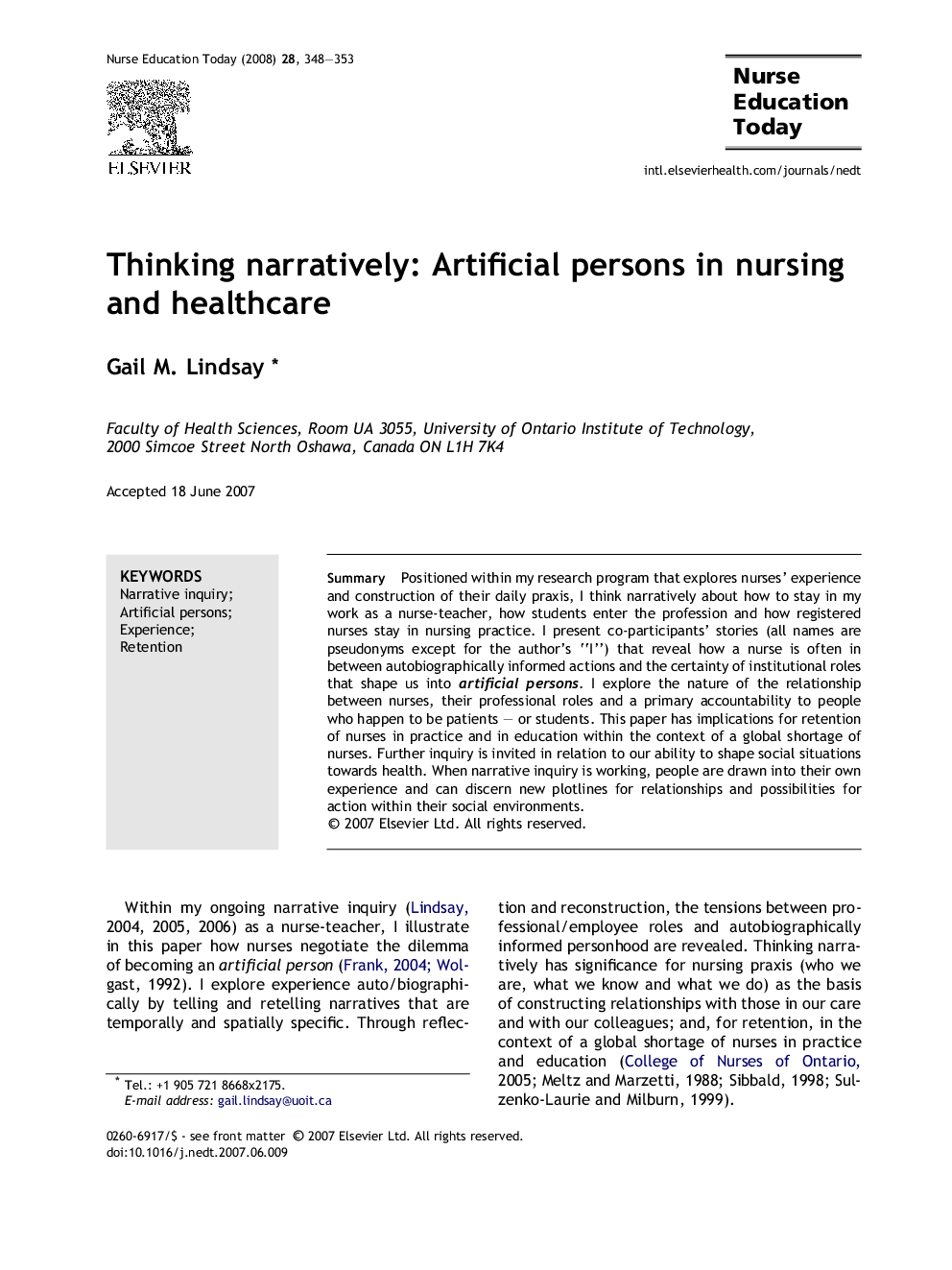 Thinking narratively: Artificial persons in nursing and healthcare